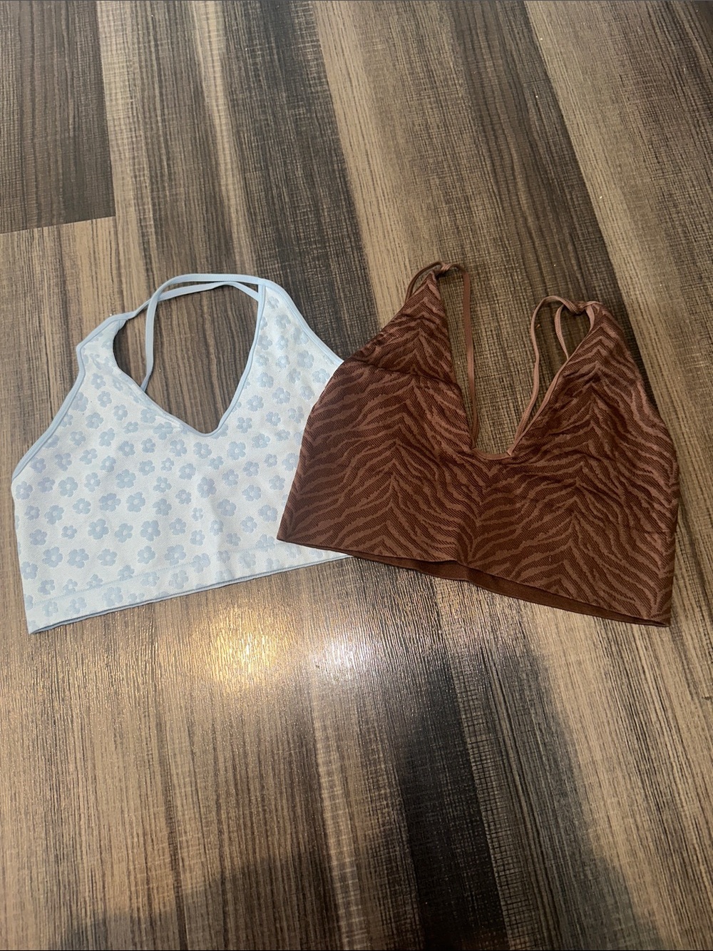 Full Tilt Light Blue Floral & Brown Animal Print Bralette Tops
